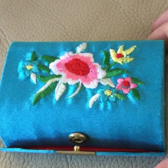 Handbags - Handmade Makeup box mirror silky teal fabric floral embroidered snap closure new